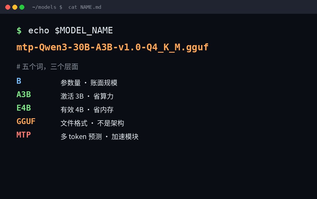 B、GGUF、MTP、A3B、E4B：模型名里这五个字符，说的不是一件事