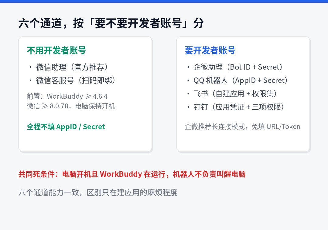 六个接入通道，按「要不要开发者账号」分两列